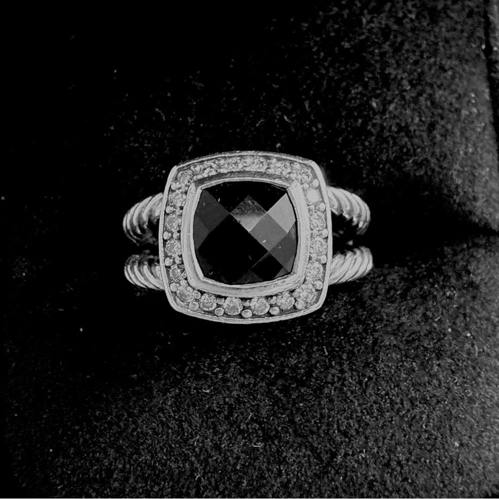 David Yurman Petite Albion Black Onyx/Diamond 925 Silver Ring 7mm stone sz 5.5-6